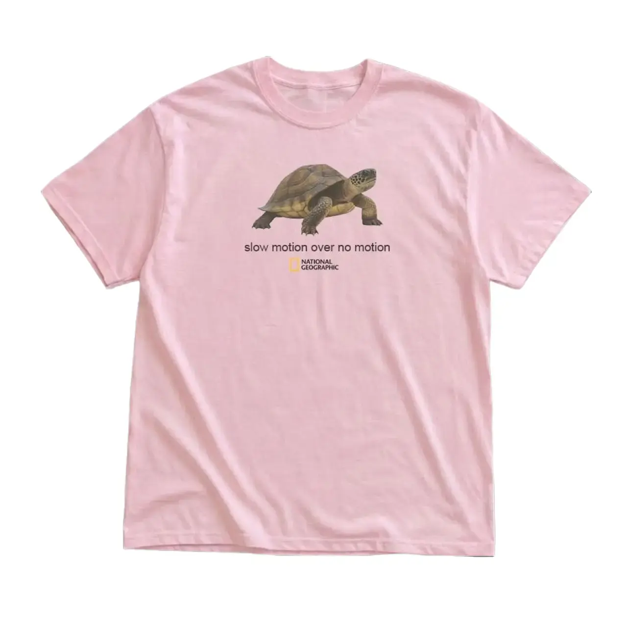 National Geographic Turtle Graphic Tee - "Slow Motion Over No Motion" Cute T-Shirt Unisex Light Pink Short Sleeve Cotton Top