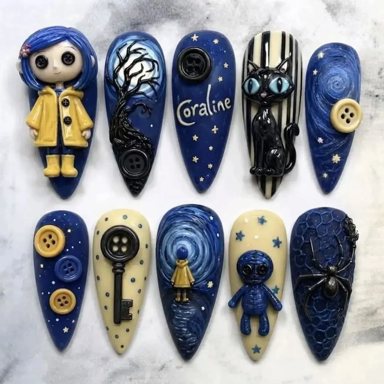 Coraline Inspired Press On Nails, Handmade 3D Blue Button Cat Fantasy Nails, Spooky Cute Gothic Art Nail Set Nail Art Kit Nail Box backtoschool