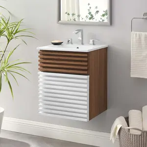 Modway Render 18" Wall-Mount Bathroom Vanity in White Walnut White