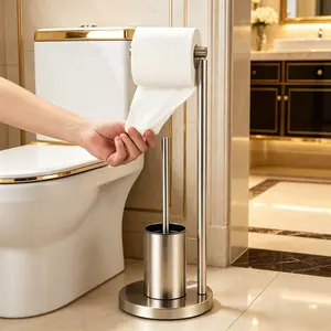 1Pcs 304 Stainless Steel Round Base Freestanding Toilet Paper Holder With Toilet Brush 2 In 1 Easy Installation Multifunctional Bathroom Storage Rack For Home Hotel Restroom，Small Bathroom Organization