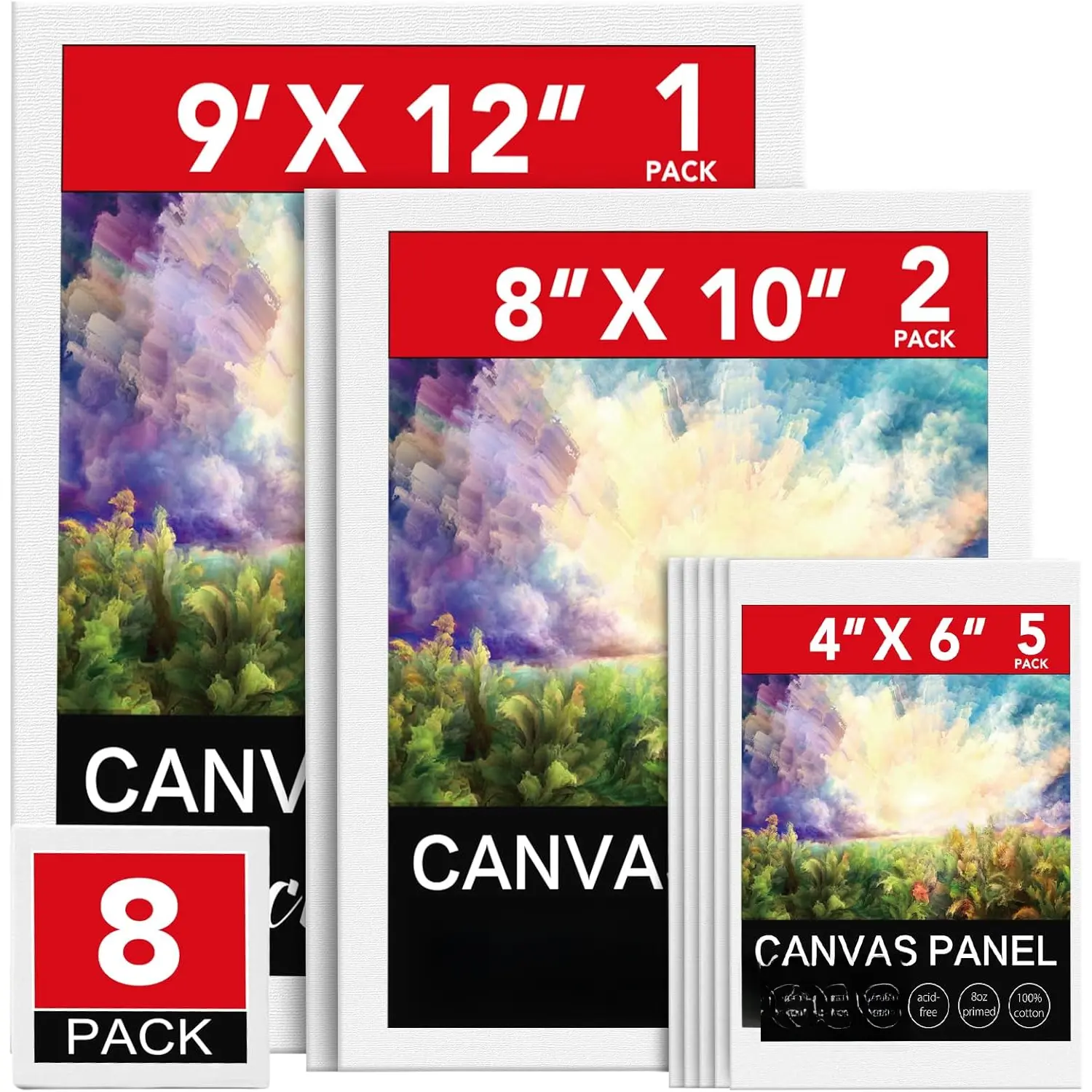 Canvases for Painting 8Pack Painting Canvas with 9x12,8x10,4x6,Canvas Panels for Oil ,Watercolor, ,Gouache and Tempera.