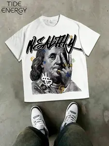 Men's Oversize Wealthy Benjamin Franklin T-Shirt, Hip Hop Money Street Style Short Sleeve, Dollar Sign Print, Summer
