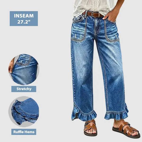 Flamingals Wash Ruffle Hem Patch Pocket Mid Waist Straight Leg Jeans Without Belt Stretchy 27.2'' Inseam
