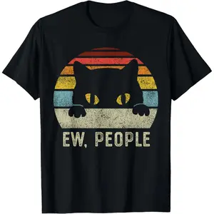 100% Cotton Ew People Retro Cat Funny Vintage Anti Social Introvert T-Shirt