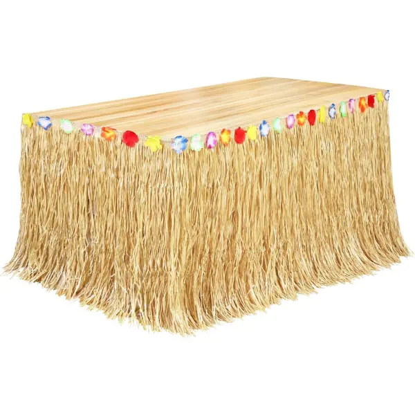 Luau Grass Table Skirt Natural 9 Feet x 29.5 Inch Hawaiian Table Skirt for Tropical Hawaiian Party Decorations Luau Costume Party, Straw Yellow
