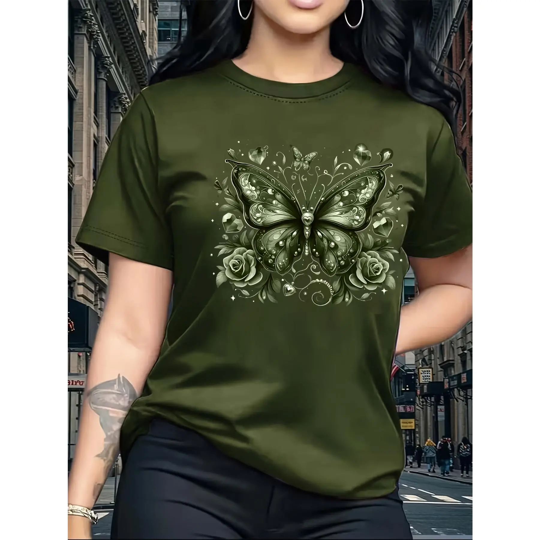 The Butterfly and the Flower Pattern Printed T-shirt, Short Sleeve Round Neck Casual Top Summer and Spring, Women's Birthday Gift Holiday Gift
