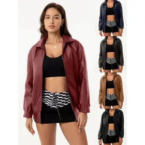 Women's solid color pocket zipper PU leather jacket, street fashion long sleeved collar women's clothingRAIMENTRY