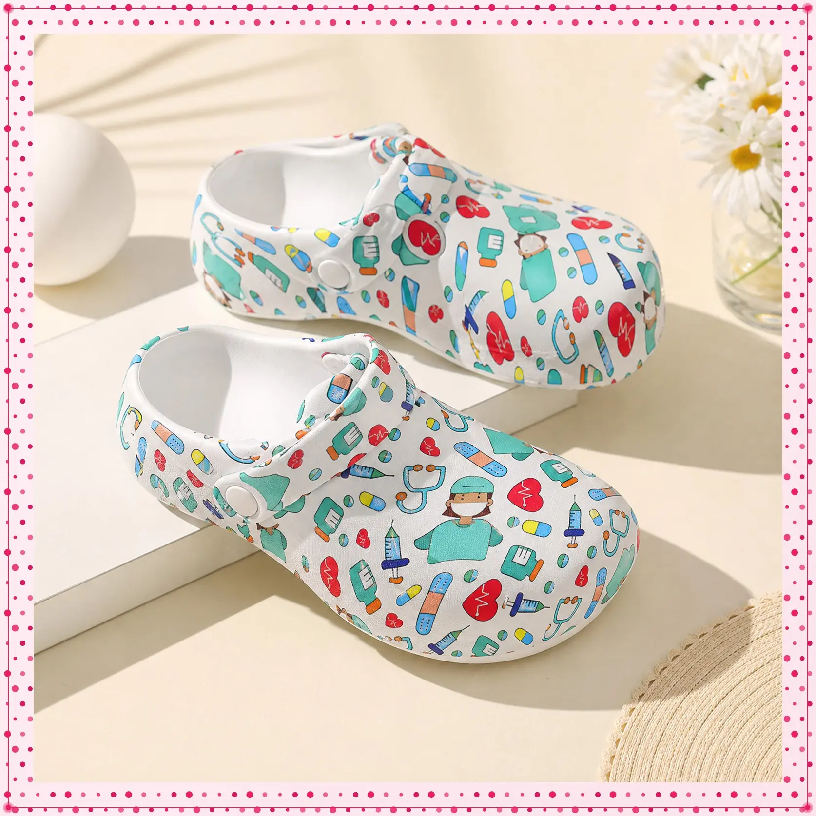 Nurses Doctors CNAs CMAs Med Techs Healthcare Workers Cartoon Print Platform EVA Clogs Mules - Girls Walking Shoes with Beautiful Print - Women Footwear Comfort Lightweight Buckle