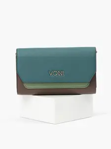 Brittany Color Block Wallet - Teal Animal-Free Leather with Chain Strap & Zipper Closure 6 Card Slots