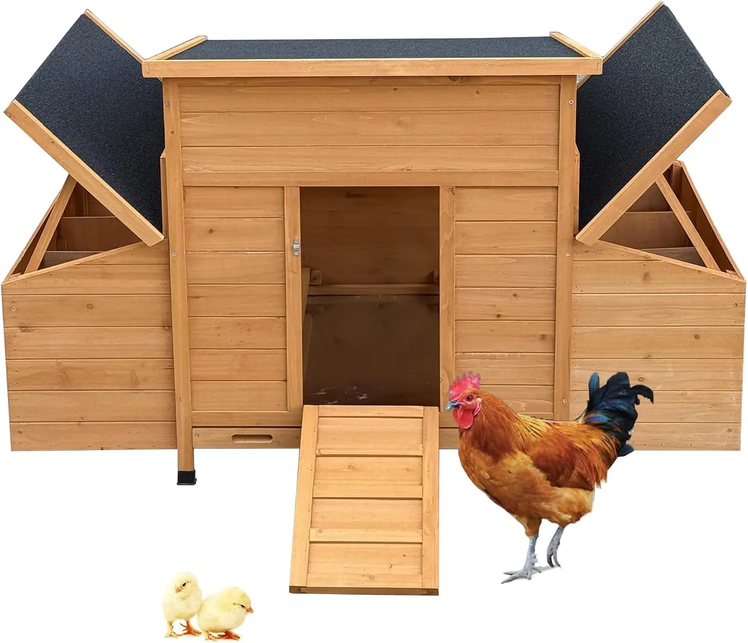 Chicken Coop, Large Wooden Chicken Coop with 6 Nesting Boxes, Pull-Out Tray and Asphalt Roof, Outdoor Hen House for 4-6 Chickens, Orange
