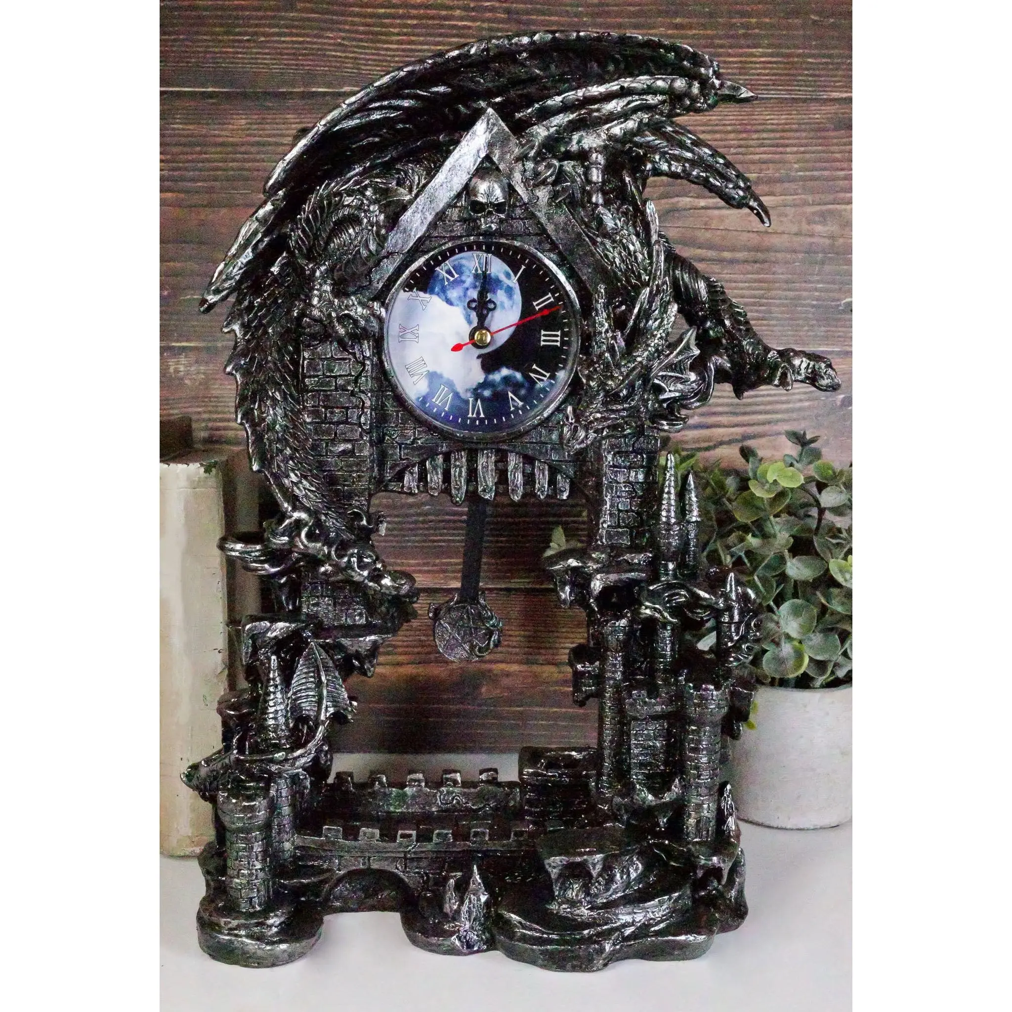 Large Gothic Smaug Dragon Overlord Guarding Castle Pendulum Table Clock Statue