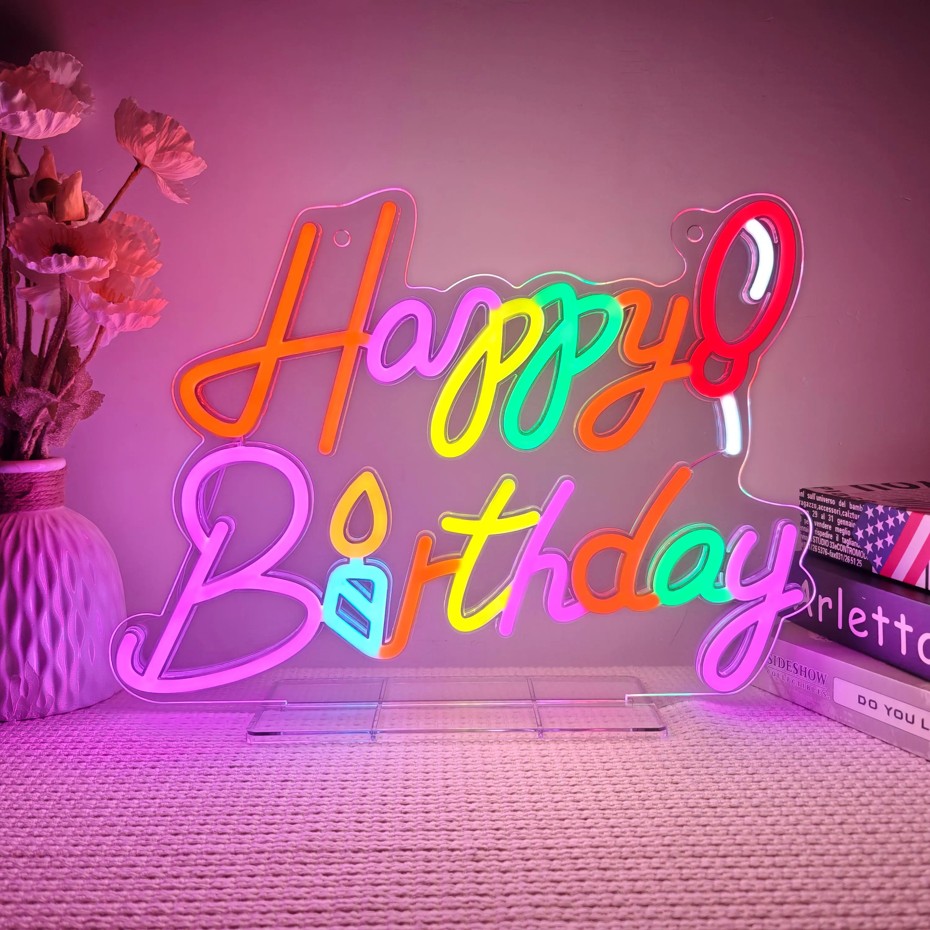 Happy Birthday Neon Sign with Stand Tabletop Neon Light for Birthday Decorations Party Centerpiece LED Sign for Cake Table Decor Aesthetic Room Decor Birthday Gifts for Girls Boys Kids Dimmable Desk Lamp Vibrant Party Supplies Photo Props