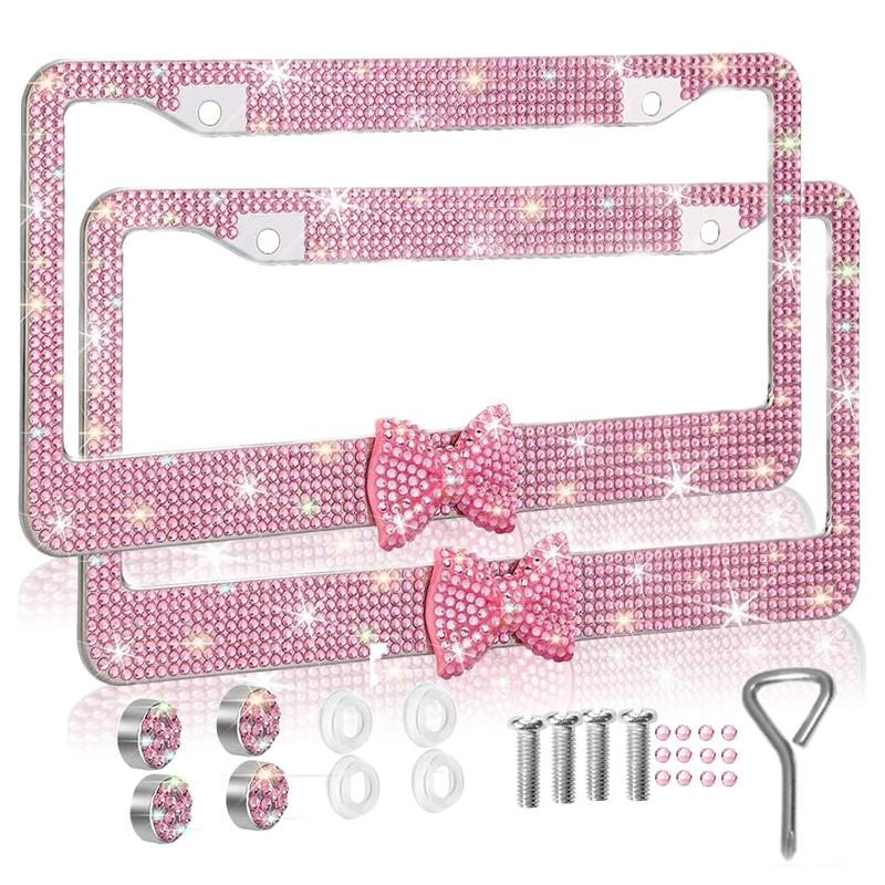 2pcs Sparkling Frames For Women - High-quality Stainless Steel Raine Stone Labels Covered With Handcrafted Crystal Diamonds And Gift Bows, Sparkling Car Parts For Girls Personalized Car Plate