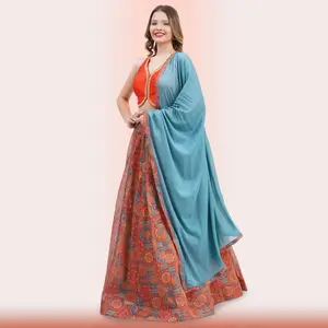Radiant Orange & Teal Circular Print Lehenga Choli Set