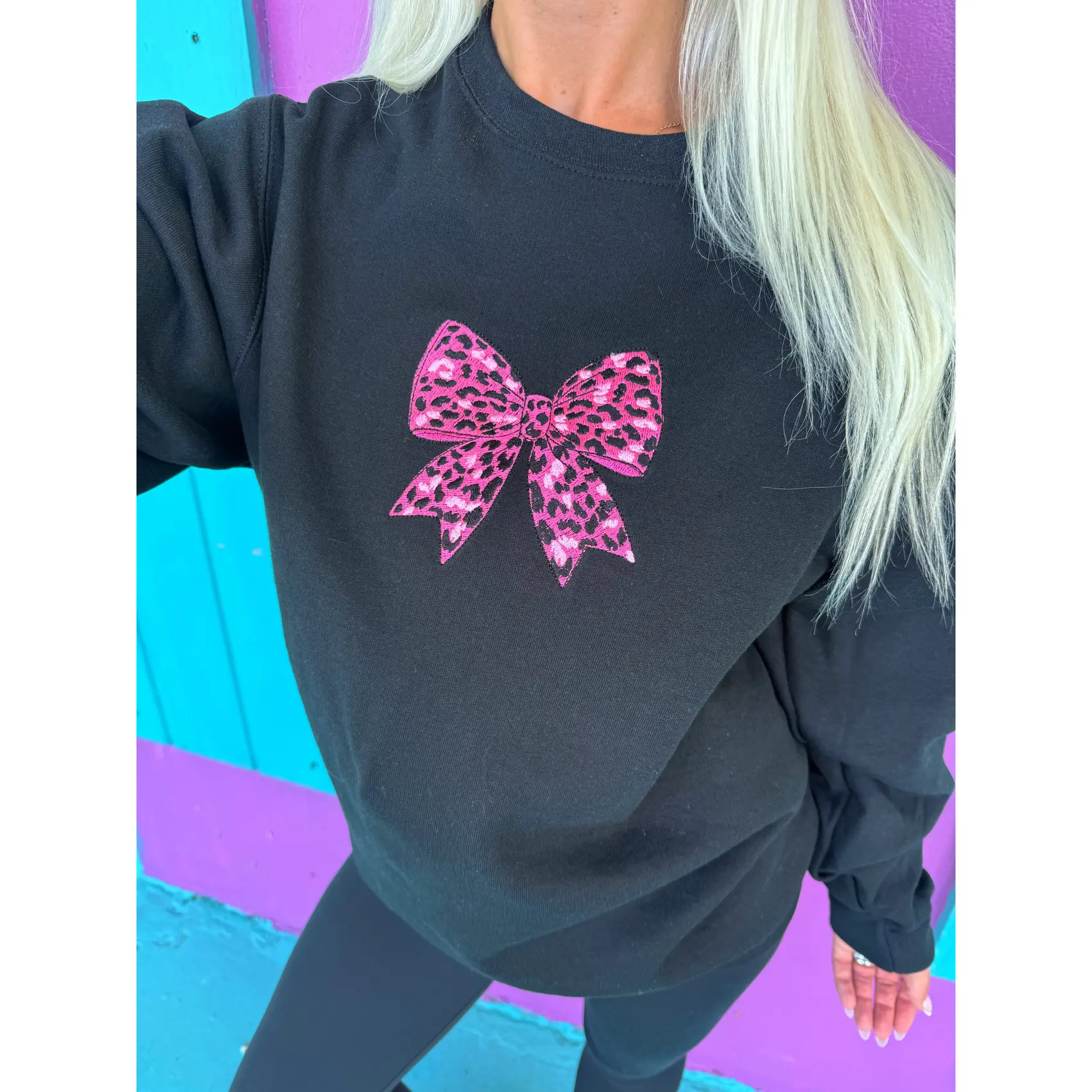 Leopard Luxe Pink Bow Embroidered Sweatshirt