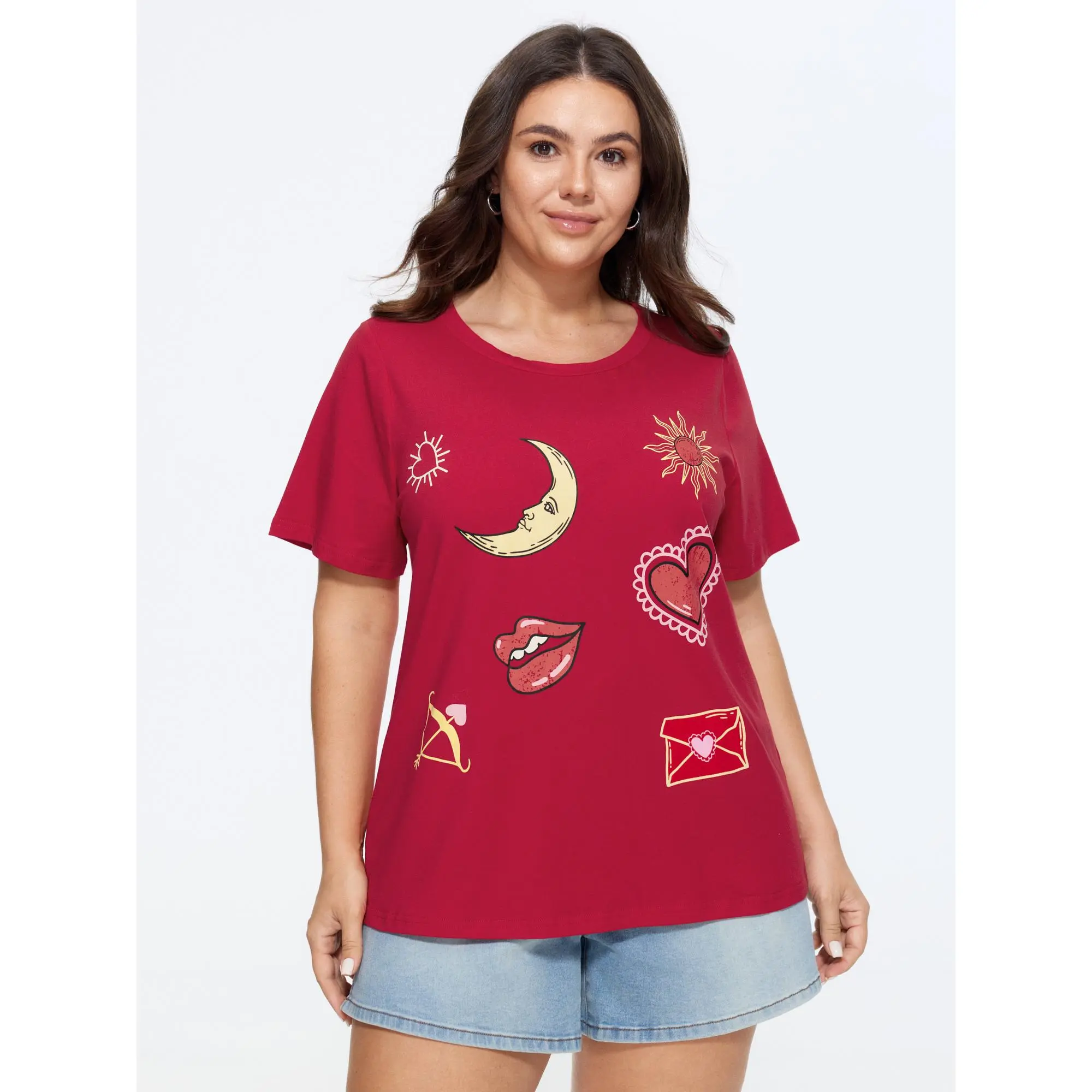 BLOOMCHIC Plus Size Cotton Romantic Print Round Neck T-Shirt [M-6X] 2026 Summerfinds
