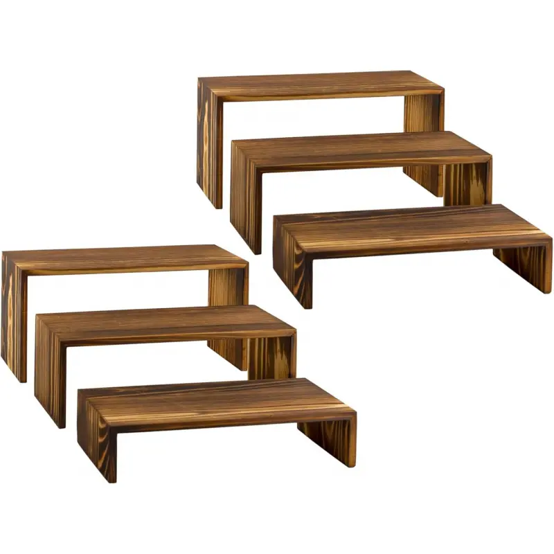 6-Piece Solid Fir Wood Farmhouse Rustic Rectangular Display Stand Set - Dark Stain, Space-Saving, Multifunctional, Stackable Home Organizer for Wedding Cake Decorating, Bathroom Organization