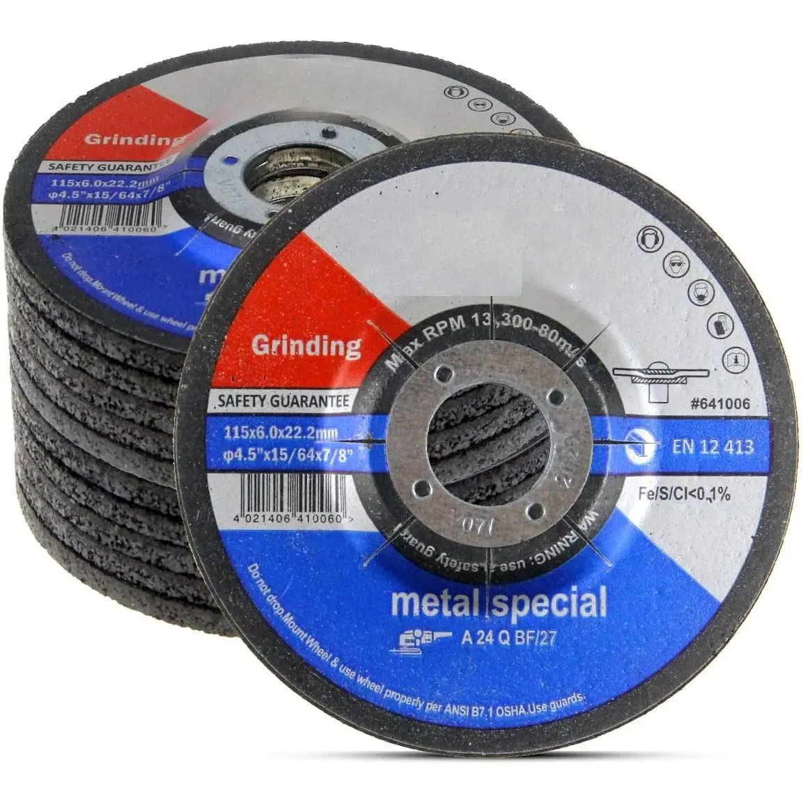 651006 Grinding Wheels 10-Pack, Aluminum Oxide Discs for Metal & Stainless Steel, 4-1/2" x 1/4" x 7/8", Aggressive Grinding for Angle Grinders, Depressed Center Design