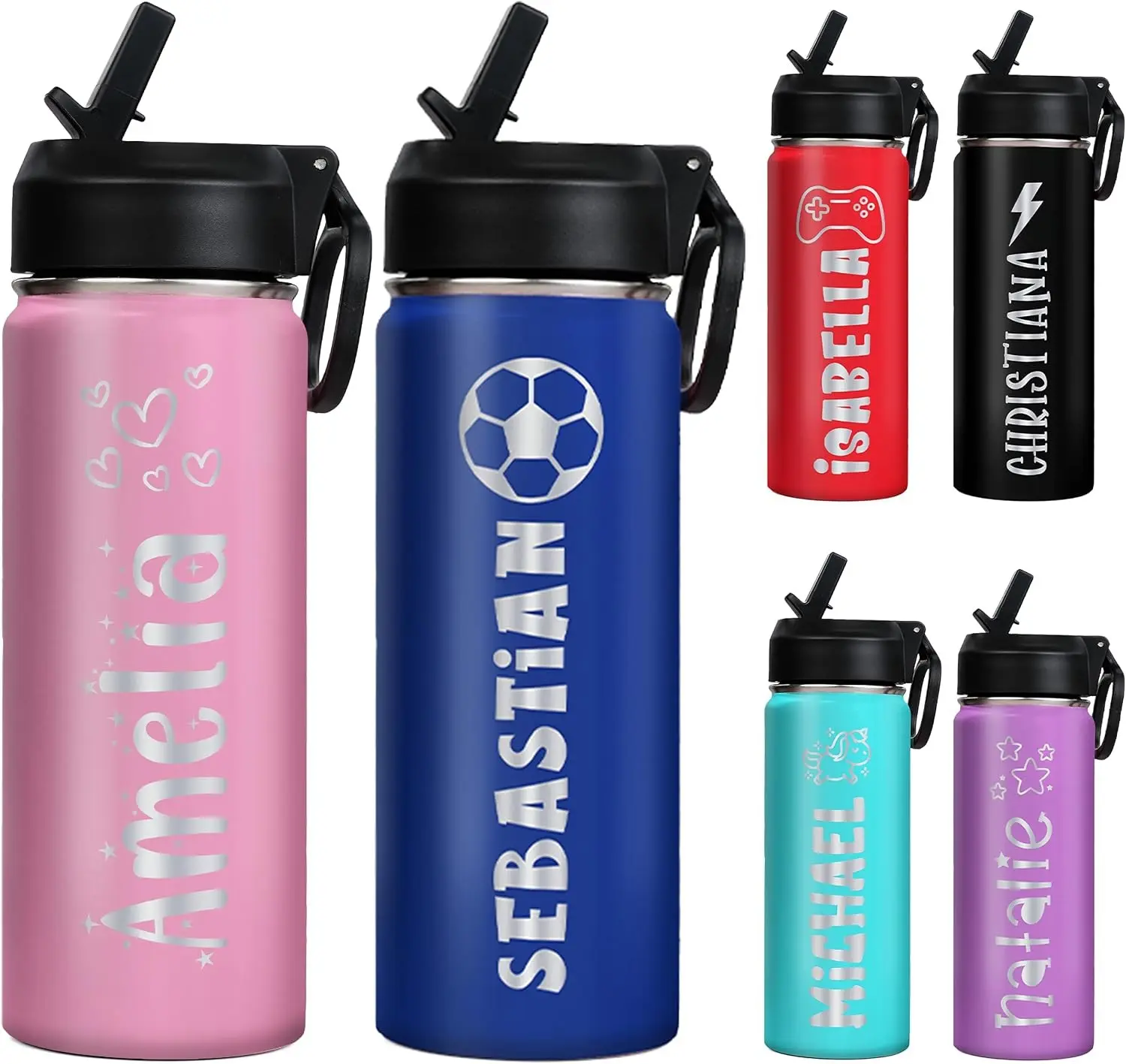 Ships from USA,Back to School Personalized Custom Kids Water Bottle Engraved With Name,Custom Insulated Stainless Steel Sports Bottle with Straw Lid,Personalized Christmas Birthday Gift for Boys Girls Gift