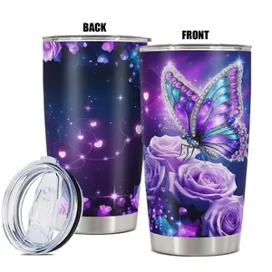 20oz Butterfly & Rose Pattern Tumbler with Lid, 1 Count Stainless Steel Water Bottle, Insulated and Durable, Gift for Any Occasion, Birthdays, Holidays