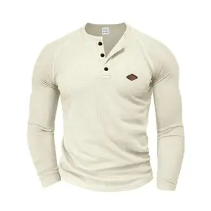 Men's Long Sleeve Casual Waffle Knit Tee, Breathable Quick-Dry Shoulder Insert Henley Shirt, Spring & Fall Fitted Pullover, Comfortable Fit（gift）
