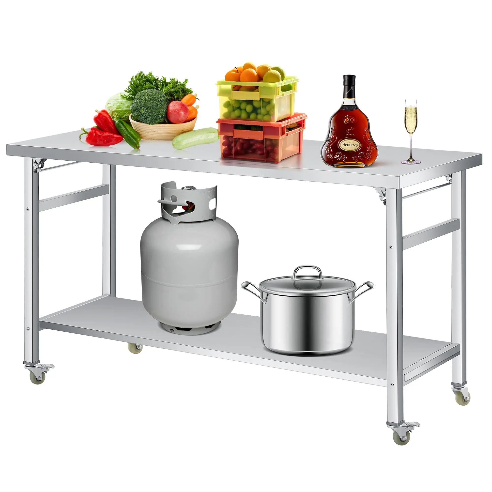 60-Inch Foldable Brushed Stainless Steel Commercial Prep Table - 24" Wide, 6" Thick, 920lb Capacity, Lockable Casters, Double Tier Shelf, Undershelf Storage, No Wobble, Durable Portable Workstation for Kitchen, Workshop, Brushed Finish