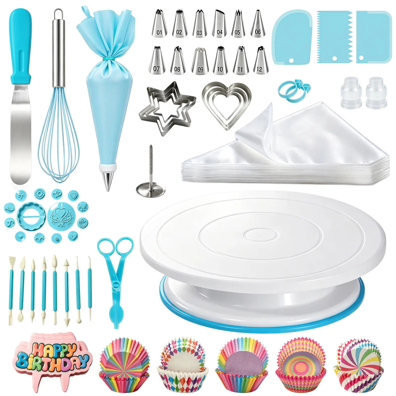 255 pcs Cake Decorating Kit Turntable Spatula x1 Steel piping tips x12 Fondant pen X8 TPU piping bag x1 Fondant Tool Set X14 Scraper X3 Birthday cards x50 Disposable piping bags X50 Non-slip turntable X1 Cake cookie molds X6 Disposable paper cups x100