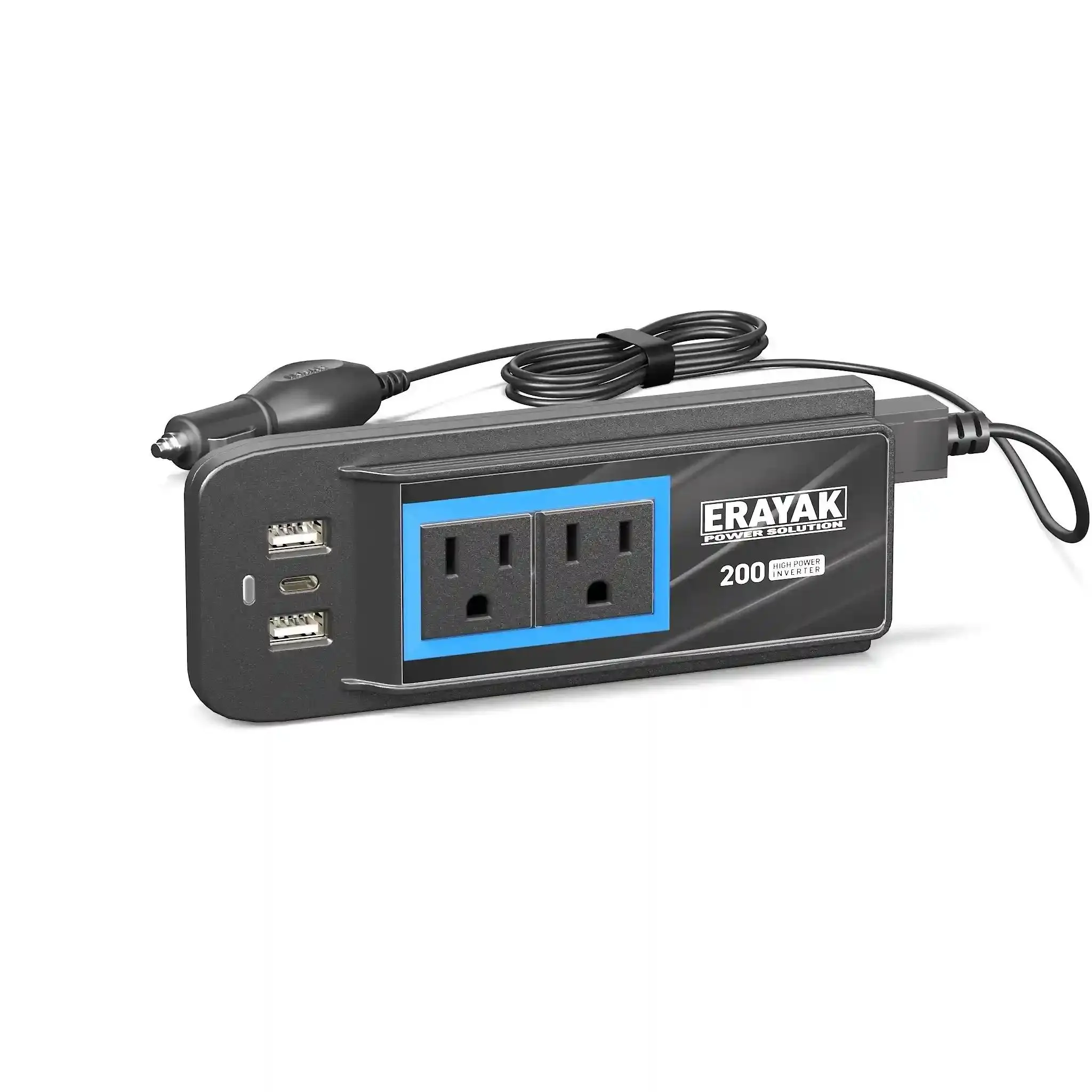 ERAYAK 200W Car Power Inverter - 30W USB-C PD Fast Charging, Dual 110V AC Outlets, Portable Car Adapter for MacBook, iPad, and Pro Electronics
