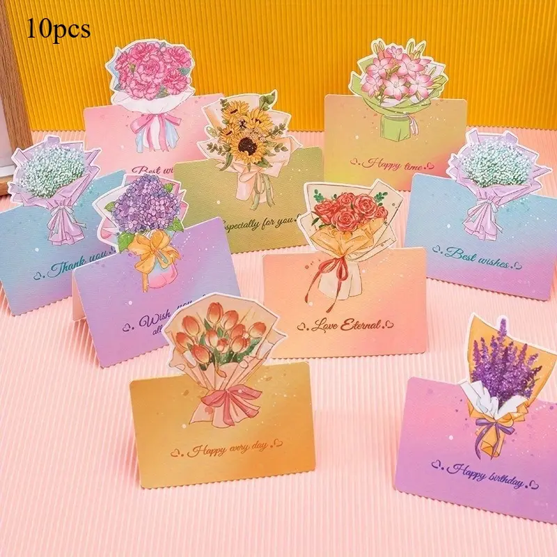 10pcs Three-dimensional bouquet flowers Creative Greeting card florist Birthday wishes simple message small card Teachers' Day Thank you card