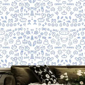 Cute Cartoon Illustration Pattern Wallpaper, 1 Roll Self-adhesive Waterproof Removable Wallpaper, Decorative Sticker for Home Living Room Bedroom