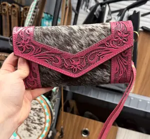 Genuine hand tooled leather & cowhide accordion style wallet- comes with wristlet strap and crossbody strap