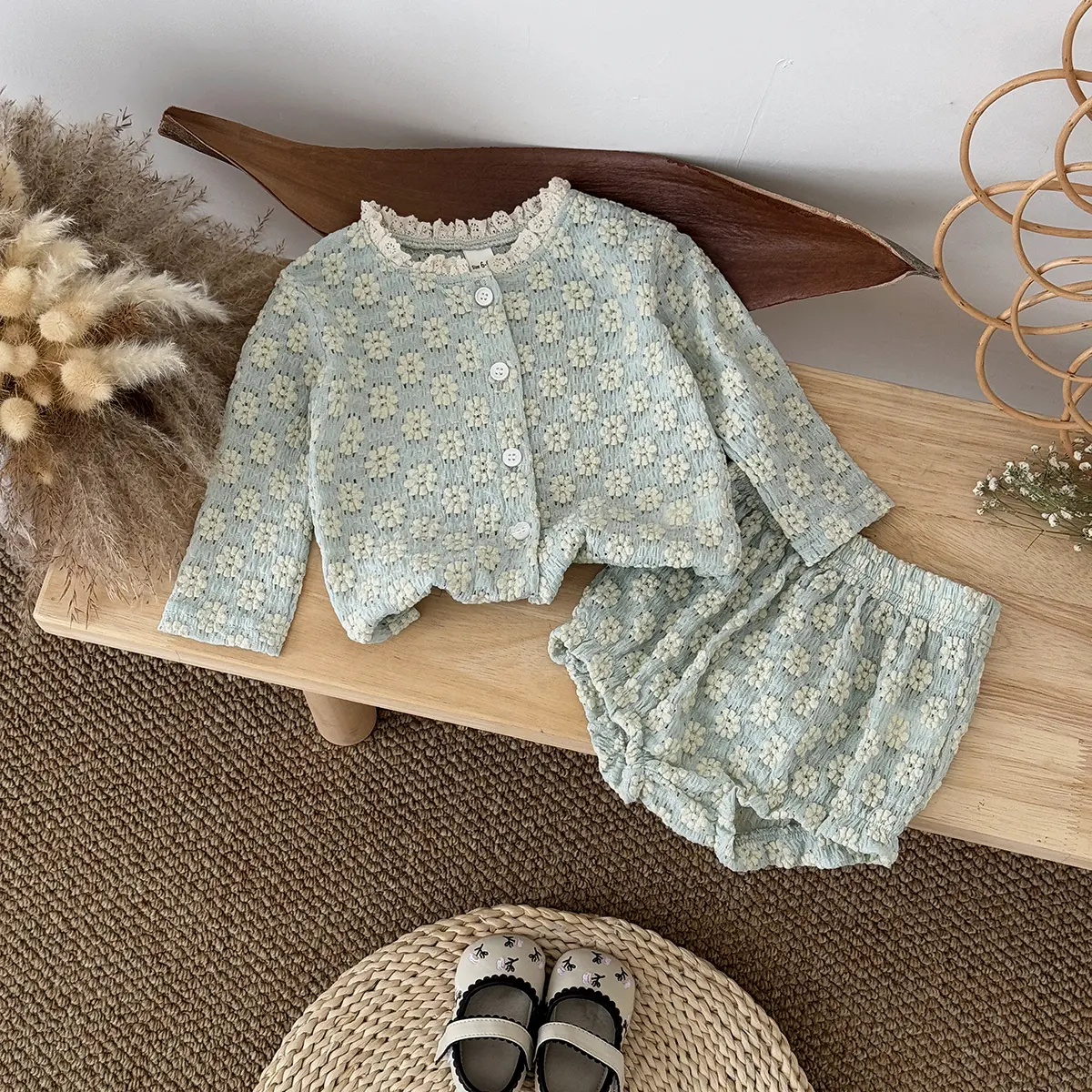 Unisex Green Floral Baby Dainty Gift Set - Ruffle Edge, Button Design, Soft Comfortable Outfit for Infants & Toddlers in Spring-Autumn Mild Weather, Dainty Gift Sets