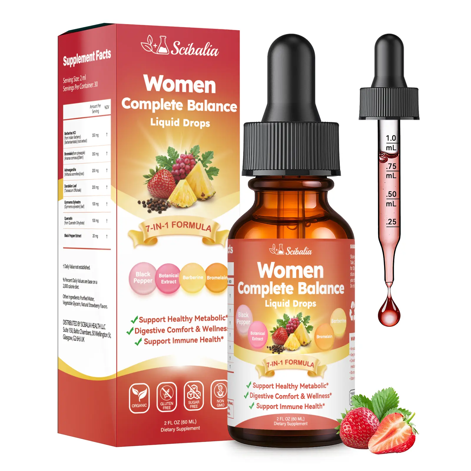 Women Complete Balance Liquid Drops – Berberine & Ashwagandha for Daily Wellness, Metabolism Support, Hormone Balance, Vegan, Non-GMO, Strawberry Flavor 2ml