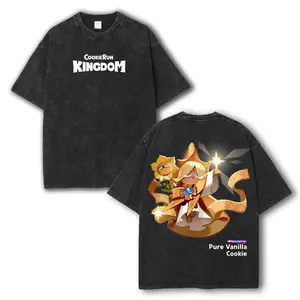 Cookie Run Kingdom Pure Vanilla Cookie Washed Tshirt, Cotton Vintage clothing, Unisex Little Nightmares Game Shirt Fabric Collar Top Streetwear Menswear Gamis Black Casual Graphic Hoodie black tee