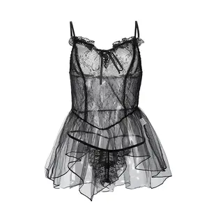 Lace Mesh Babydoll Nightgown with G-String Set, Sheer Polka Dot Bow Knot Lingerie, Sweet & Sexy Mini Sleepwear Dress for Women