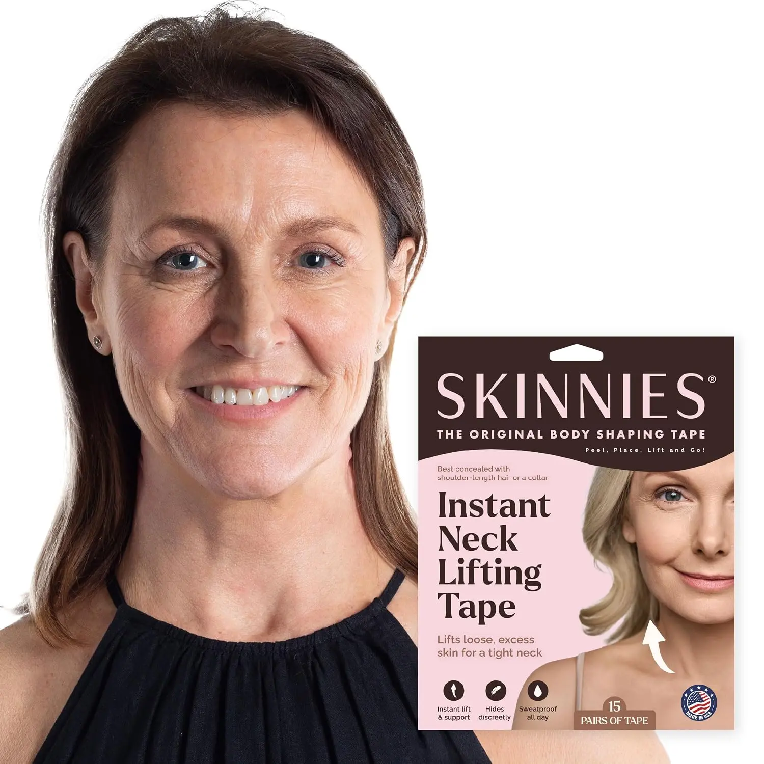 Skinnies Instant Neck Lifting Tape | Firming & Tightening Skin Tape for Women | Hypoallergenic, Latex-Free, Invisible Neck Lift Patches | 15 Pairs (30 Patches) | Best Fit Up to Size 14