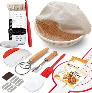 Complete set of sourdough culture medium kits, Brunetton fermentation baskets with glass sourdough culture containers, 9-inch circular fermentation baskets, sourdough culture medium for making bread