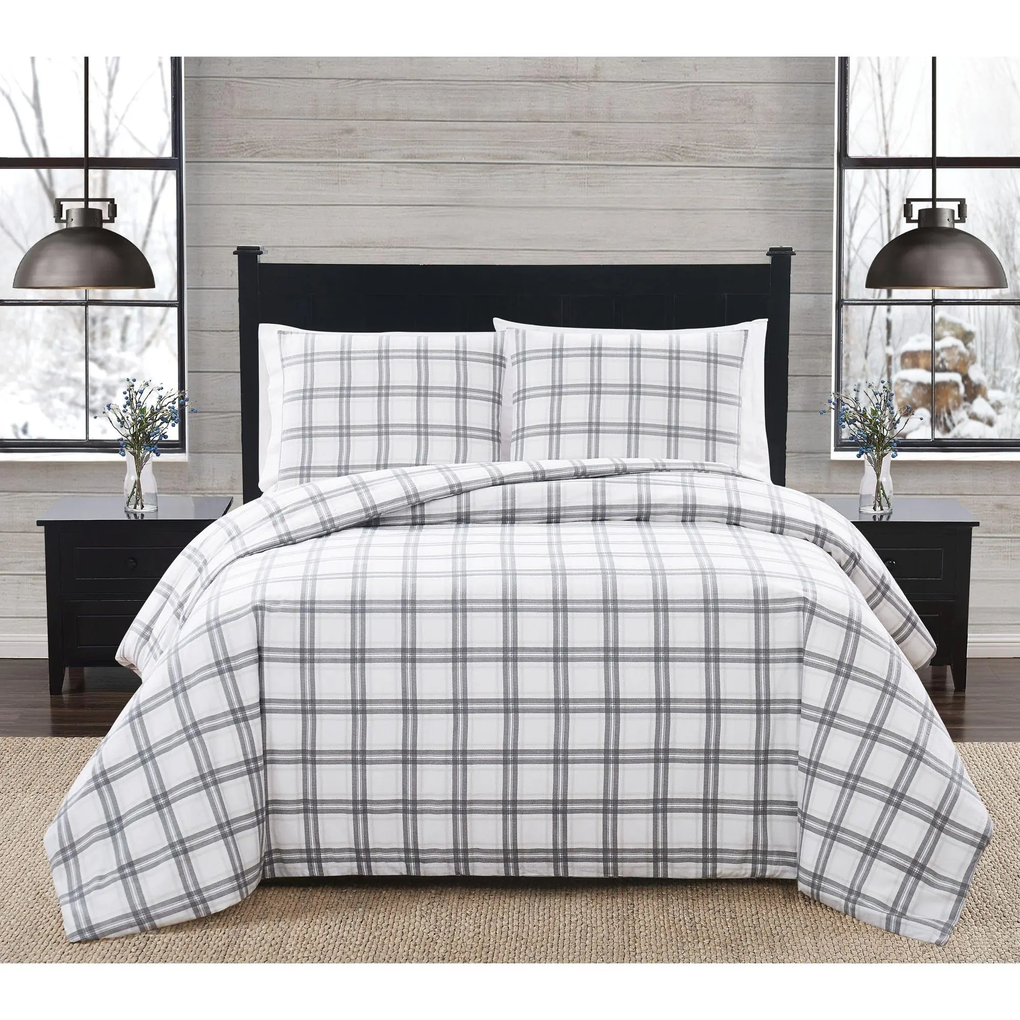 London Fog Grey Plaid Full/Queen 3 PC Flannel Comforter Set