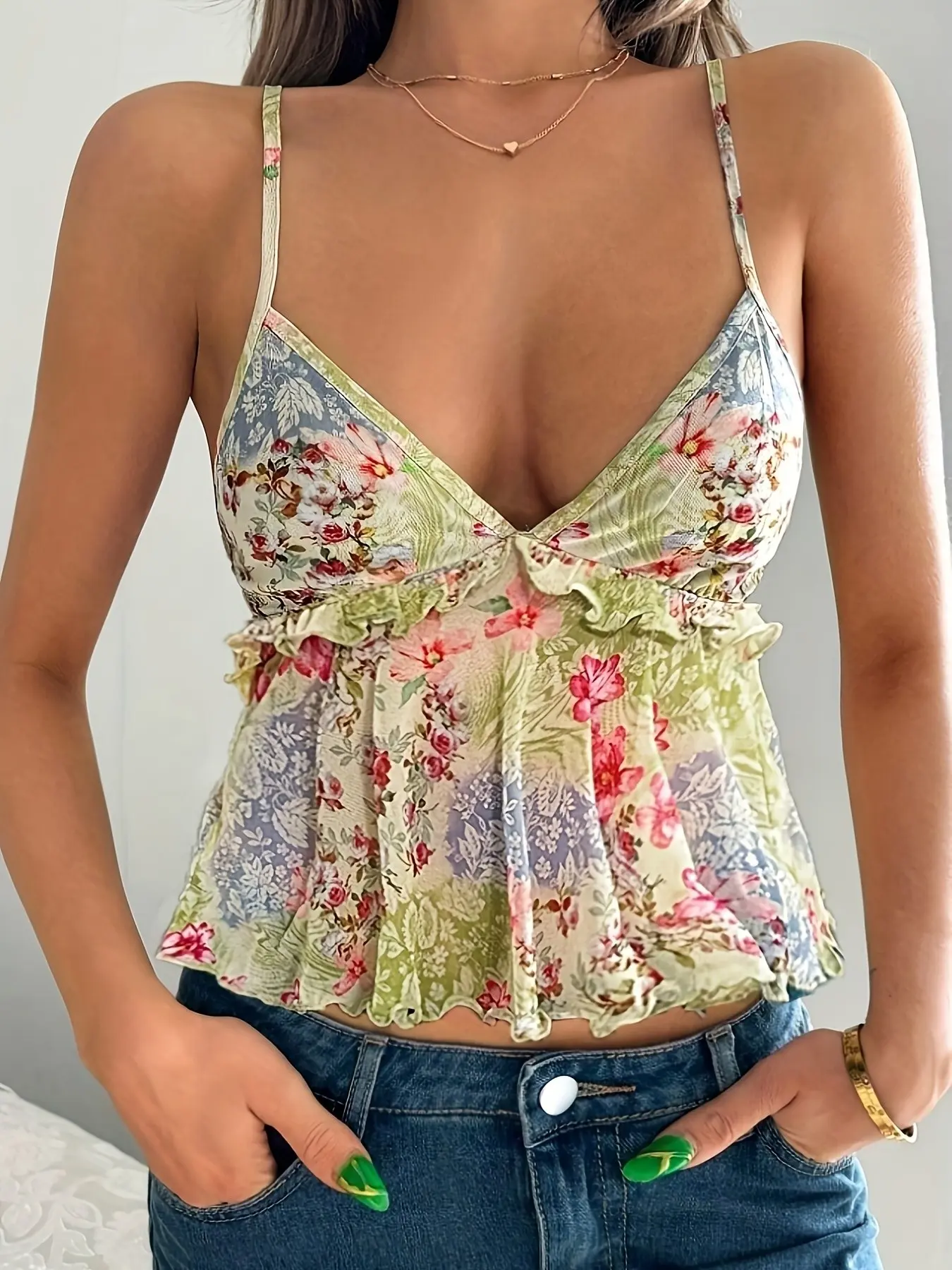 Women's Sexy Ditsy Floral V-Neck Tank Top, Y2K Boho Style, Summer Sleeveless Ruffle Backless Crop Top, Beach Party Festival