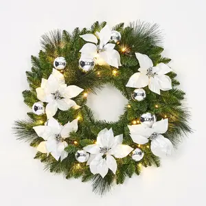 Christmas 24" Pre-Lit Artificial Wreath with Flower, Cypress Leaves, Balls Ornament, Easy to Hang Holiday Decor for Indoor Outdoor Front Door Window