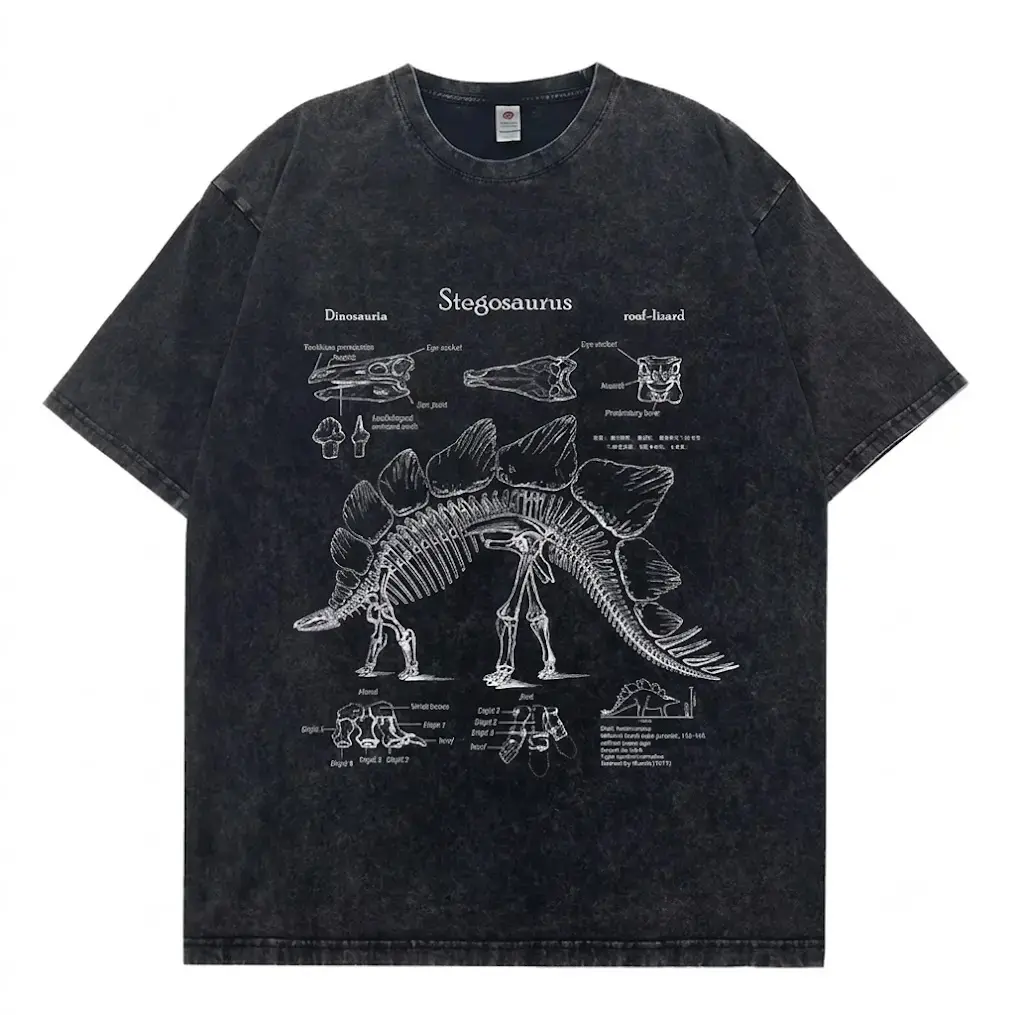 Men's Cotton Short-Sleeve Round Neck Unisex Casual T-Shirt - Retro Vintage Acid Wash Oversized Top with Stegosaurus Dinosaur Skeletal Anatomy Chart