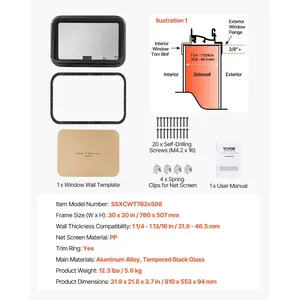 VEVOR RV Exit Window, 30 Wx 20 H Tinted RV Window with Net Screen and Trim Ring, Fit for 1 1/4 - 1 13/16 Thickness Wall, RV Window Replacement for Teardrop Cargo Trailer Camper, DOT Approved