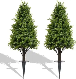 30" Faux Boxwood Plants Outdoor Set of 2, UV Resistant Artificial Topiary Trees with Ground Spike, 2.5ft Fake Evergreen Bushes & Shrubs for Outside Planters Front Door Porch Patio Decor