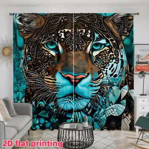 2D Flat 2Pcs Tribal Teal Gold Leopard Print Window Curtains, Bohemian Animal Art Drapes for Bedroom Living Room Balcony Decor, Rod Pocket Semi-Sheer Treatment, Anti-Privacy.