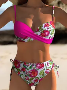 Women's Bikini Two-Piece Set, V-Neck Cross Knot Top, Low Waist Drawstring Swimwear, Tropical Floral Print, Casual Vacation Style, Floral Swimsuits, Floral Print Bikinis