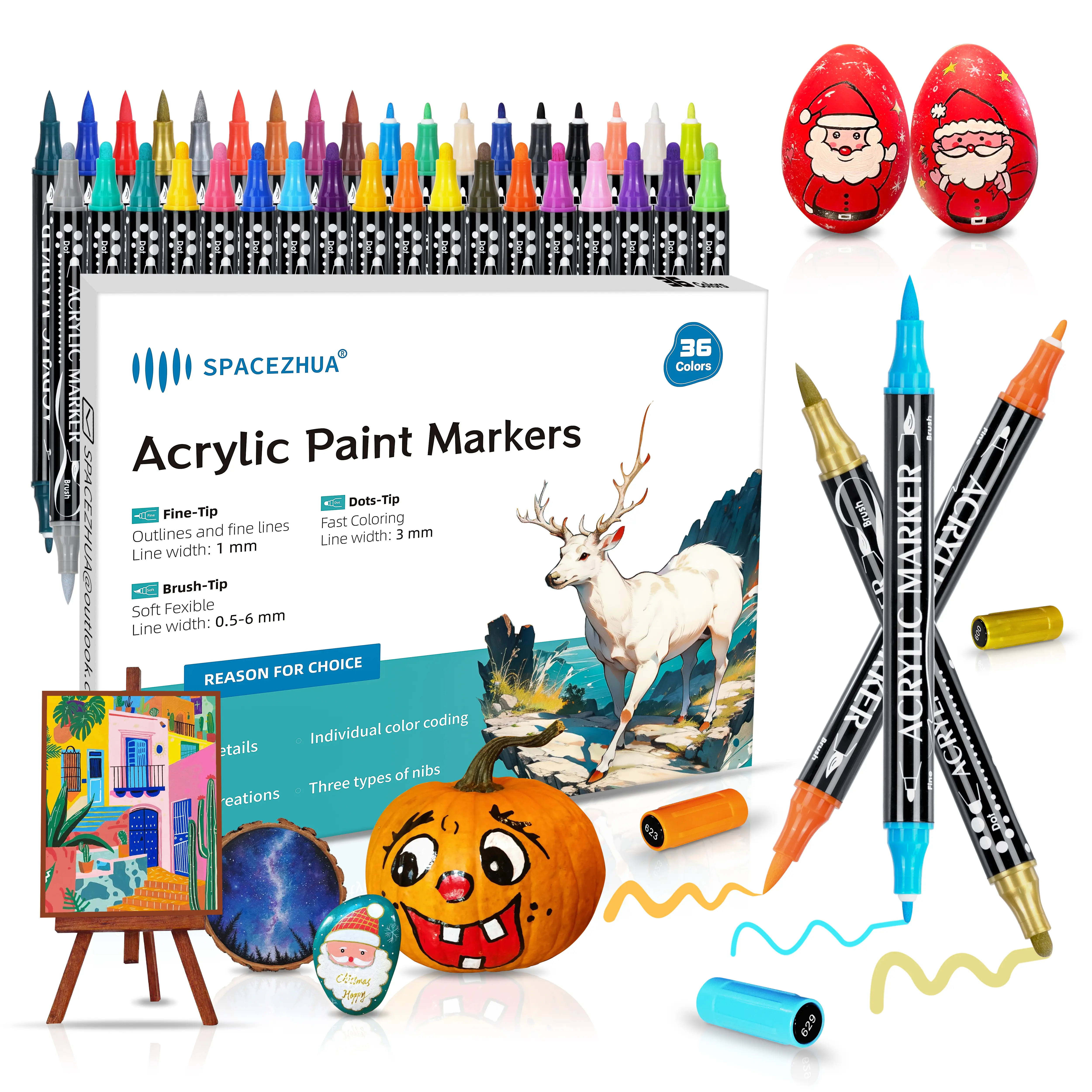 Acrylic Paint Markers Pens Dual Tip 36 Pack, Eco Friendly Non Toxic Non Odor Acrylic Paint for Rock Painting, Fabric, Wood, Glass - kids DIY Art Supplies, Acrylic Markers, 24Colors-Dual Tip