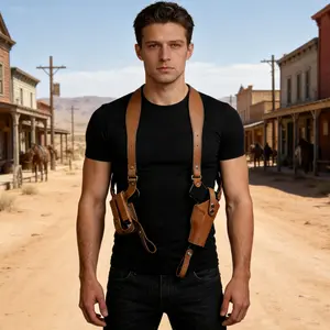 Leather Adjustable Vertical Concealed Holster with Double Magazine Pouch Adjustable Concealed Carry Gun Holster Fit 1911 92 92G Most Kinds of Pistols