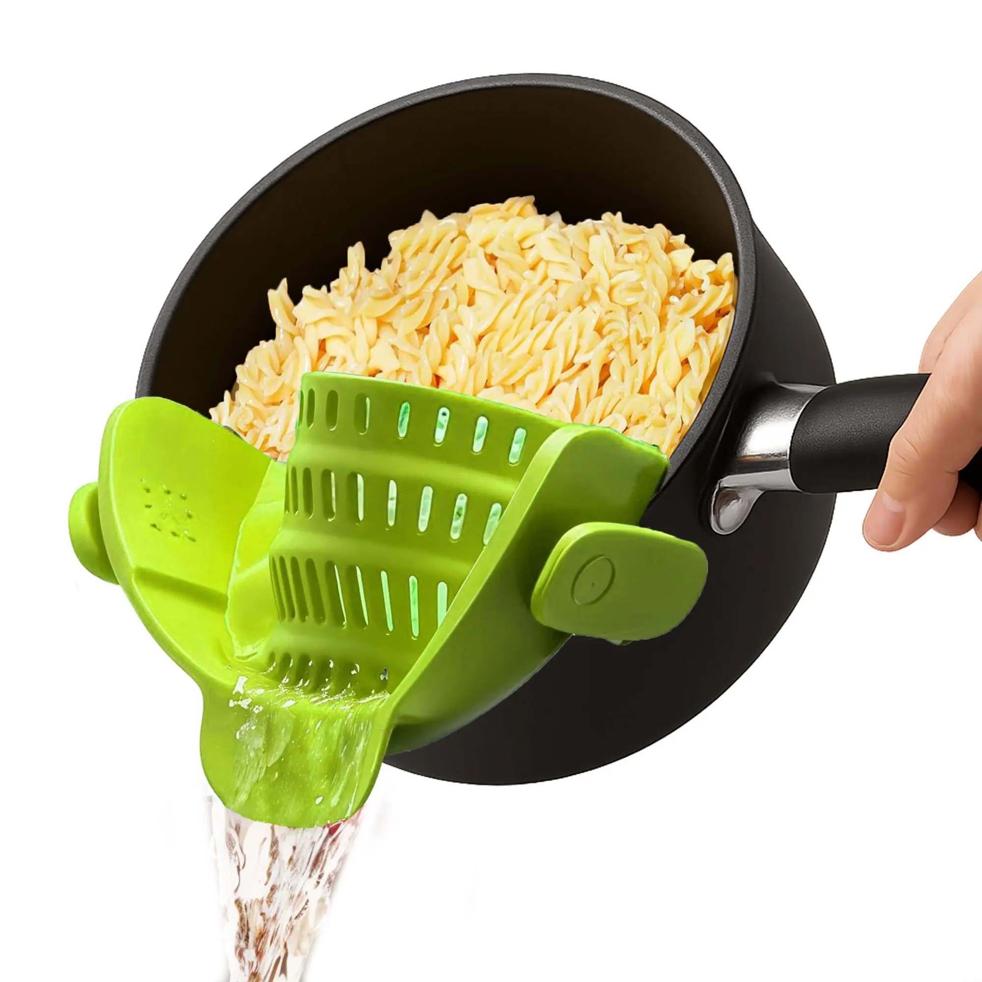 Clip-On Food-Grade Silicone Kitchen Strainer for Pots & Pans, Compact Hands-Free Draining Tool, Dishwasher Safe for Apartment Cooking, Ideal for Campers