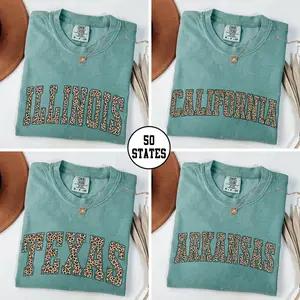 Custom State Name Graphic Tee, Comfort Colors Leopard All States T-Shirt,  College Leopard Print Shirt, Personalized Gift for Her, Unisex Cotton Top - DPCLICK