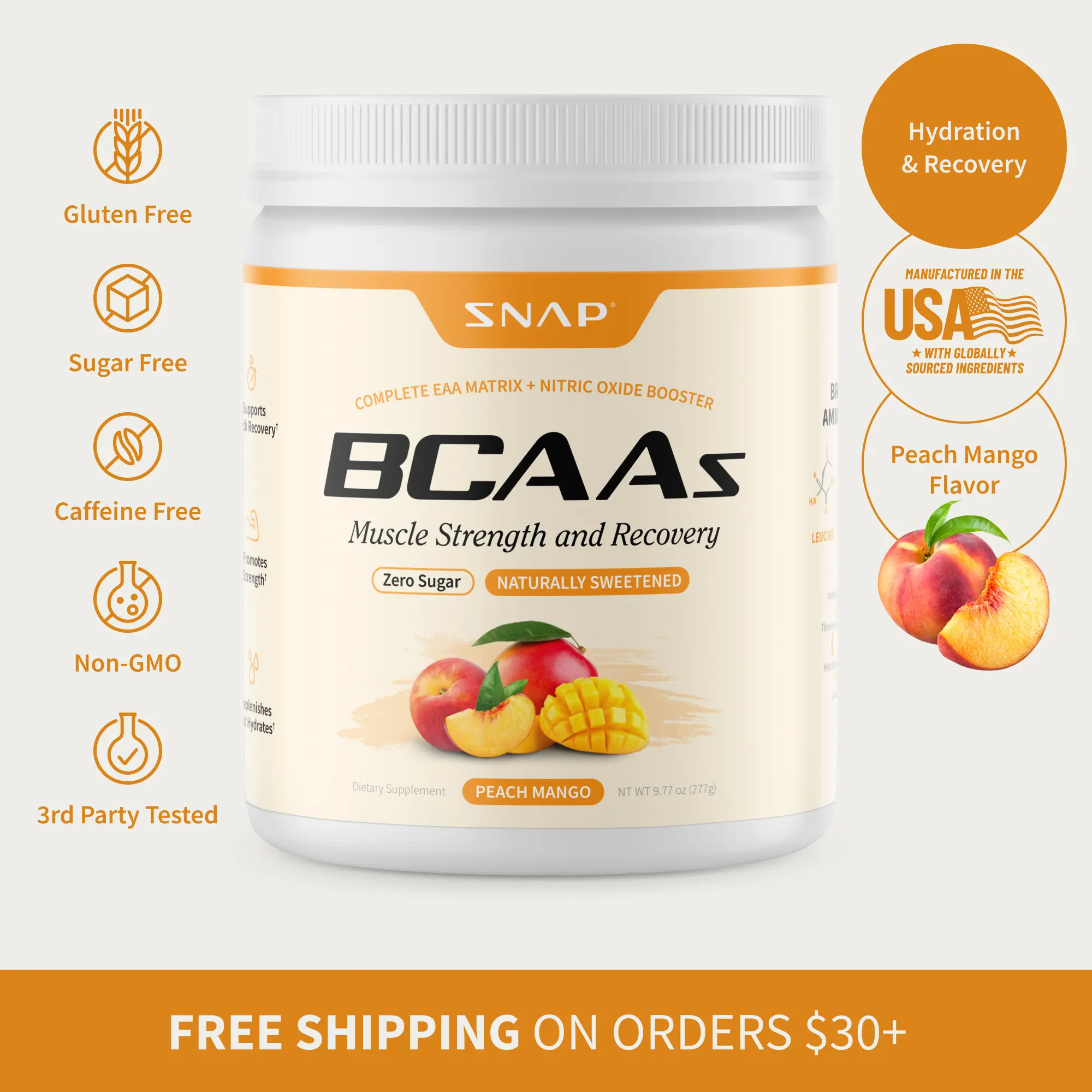 Snap Supplements - BCAA Powder - 30 Servings - Natural Supplement - Peach Mango Flavor Healthcare Dietary Edible Fitness Snap Supplements - BCAA Powder - 30 Servings - Natural Supplement - Peach Mango Flavor Healthcare Dietary Edible Fitness